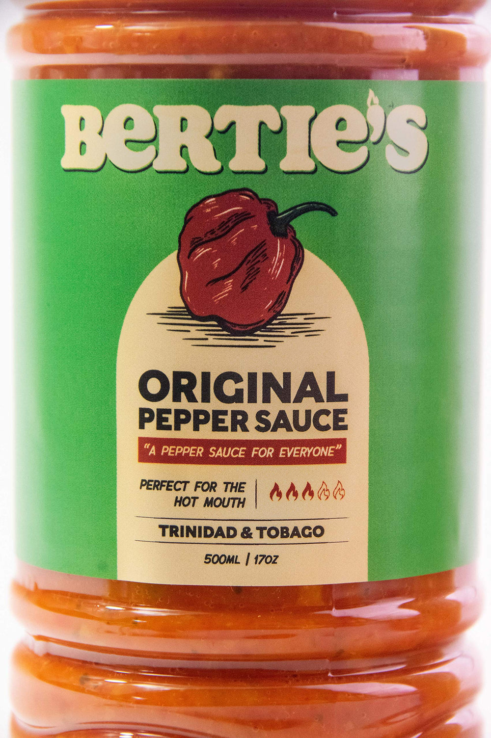 Bertie's Original Pepper Sauce glass jar highlights premium quality and freshness.