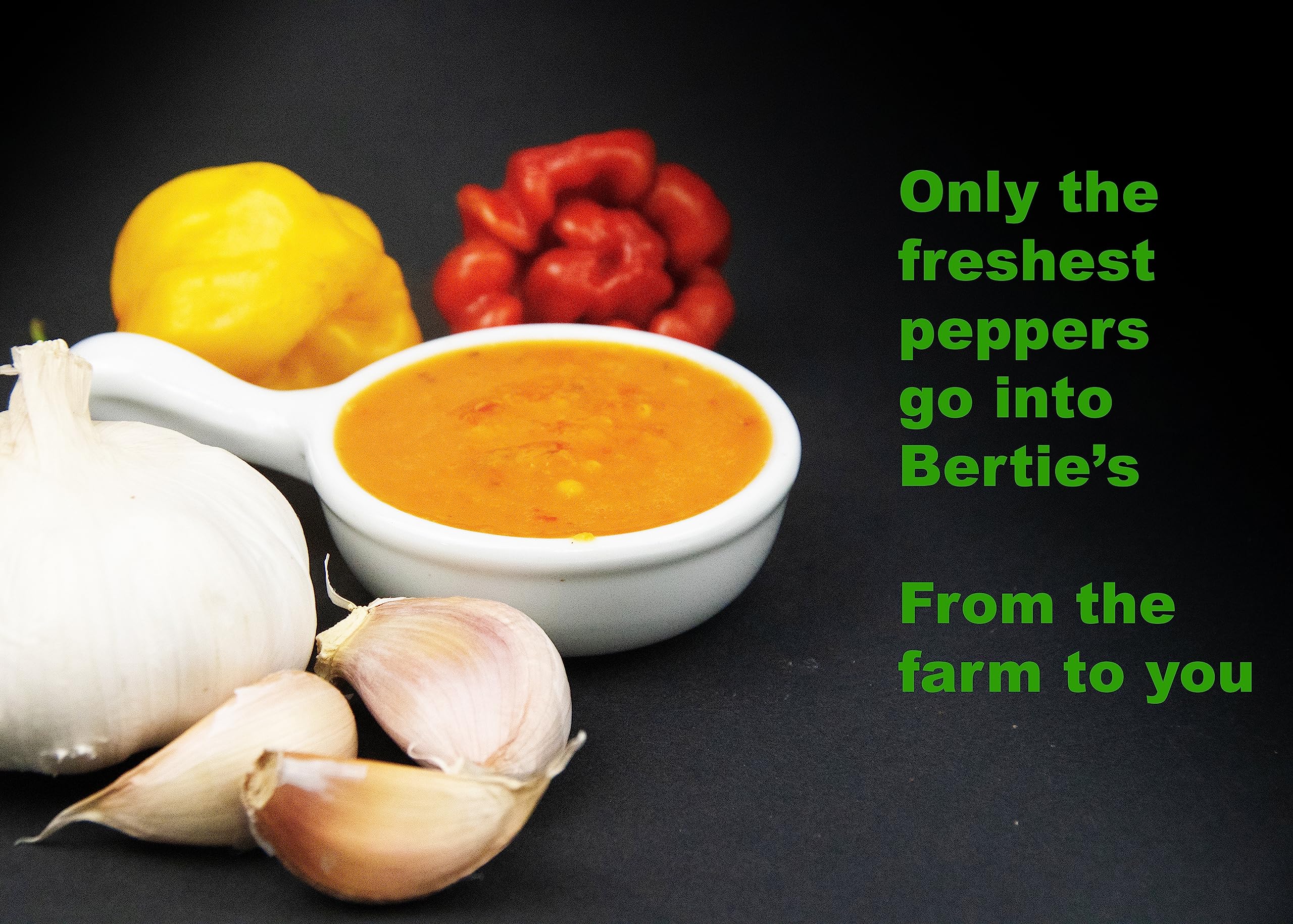 Bertie's Original Pepper Sauce peppers close-up emphasizes sun-ripened peppers.