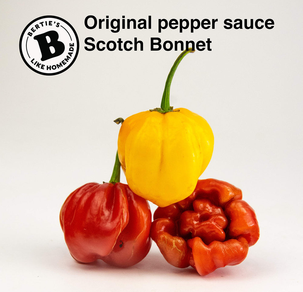 Bertie's Original Pepper Sauce shelf life visual indicates long-lasting flavor.