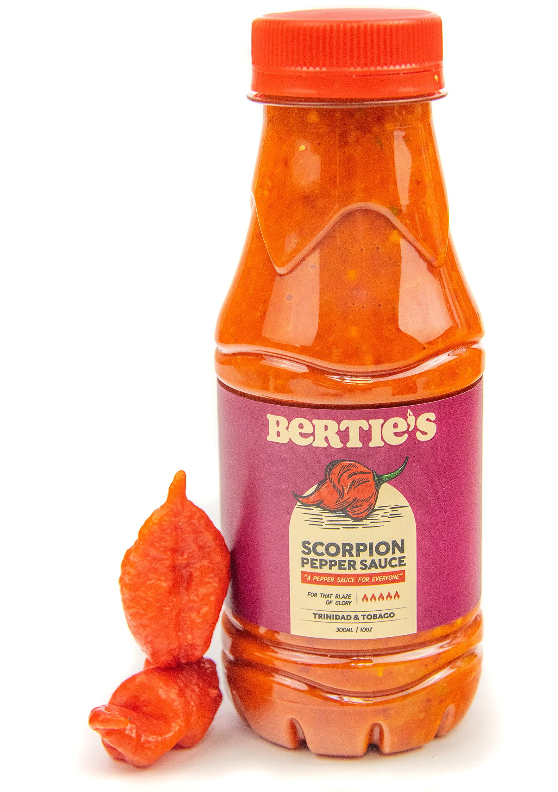 Bertie's Trinidad Scorpion Pepper Sauce bottle front shows bold heat for stews and marinades.