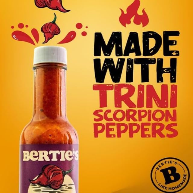 Bertie's Trinidad Scorpion Pepper Sauce over steaming dish illustrating spice upgrade for curries.