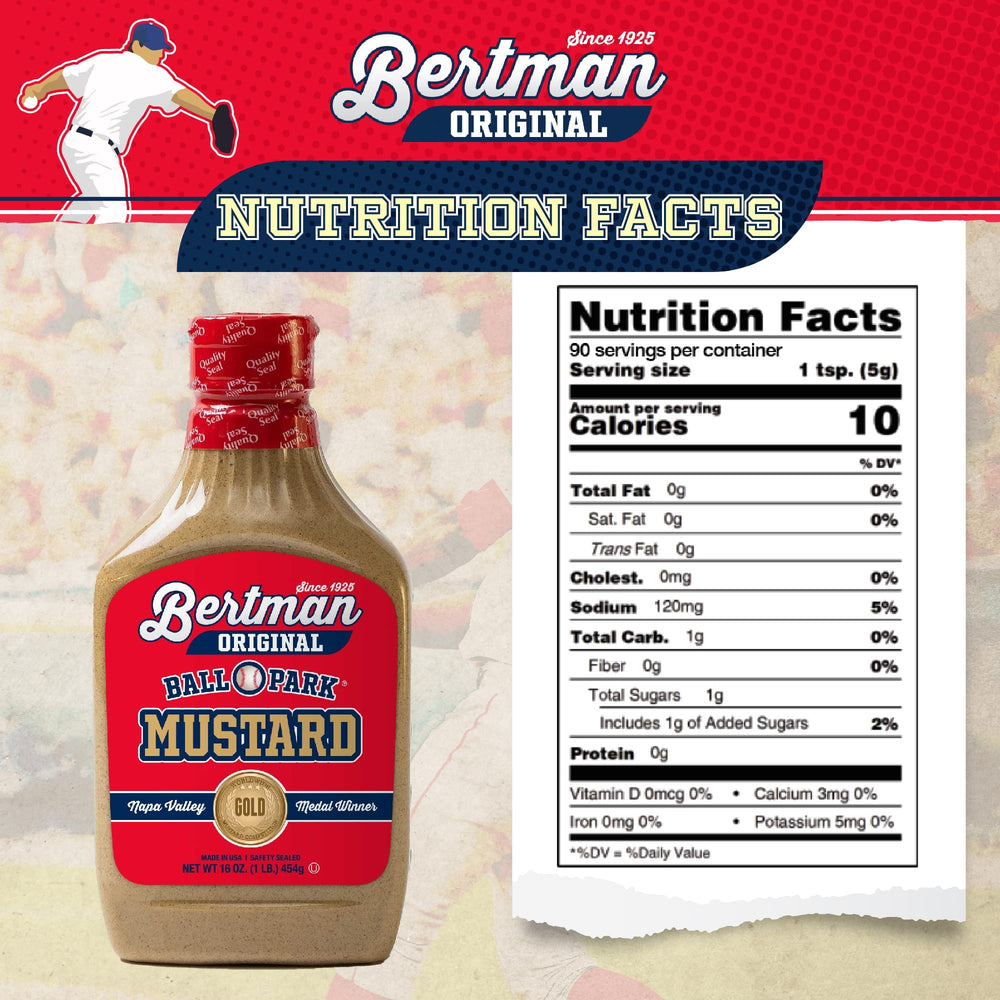 Bertman Original Ball Park Mustard bottle pour showing easy sandwich topping.