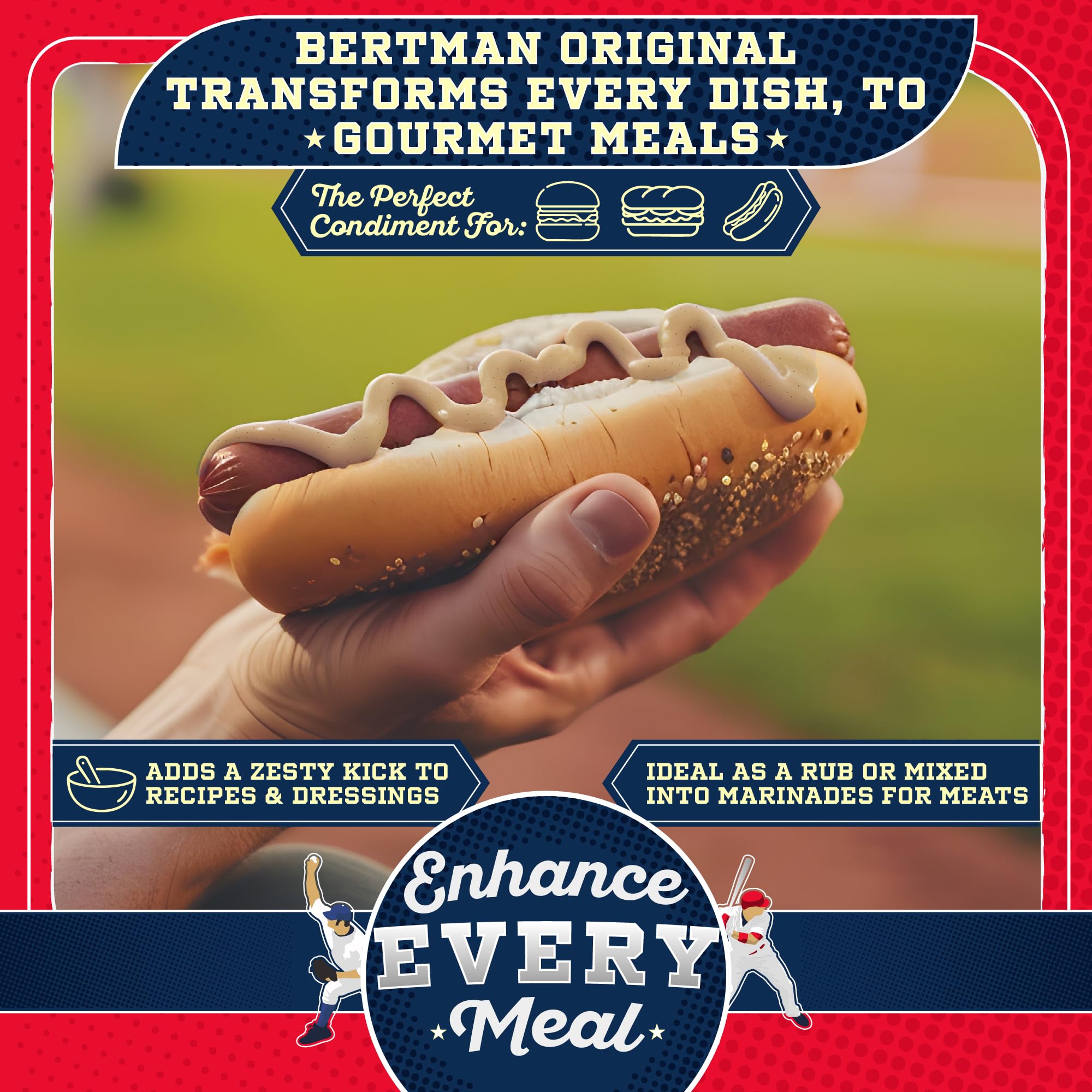 Bertman Original Ball Park Mustard on a hot dog pairing with classics.