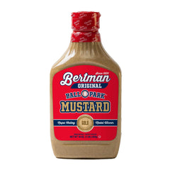 Bertman Original Ball Park Mustard jar close-up highlighting rich flavor for hot dogs.