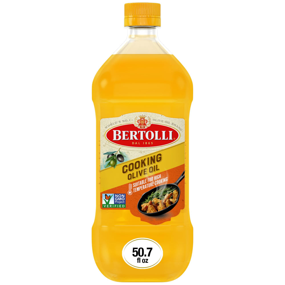 Bertolli Classico olive oil bottle pouring for high-heat cooking