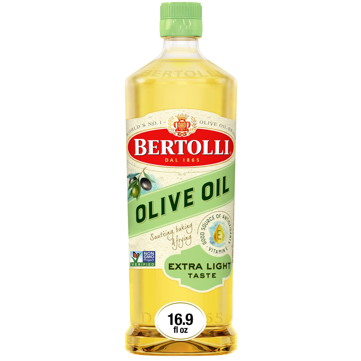 Bertolli Extra Light olive oil bottle 16oz ideal for baking and sautéing.