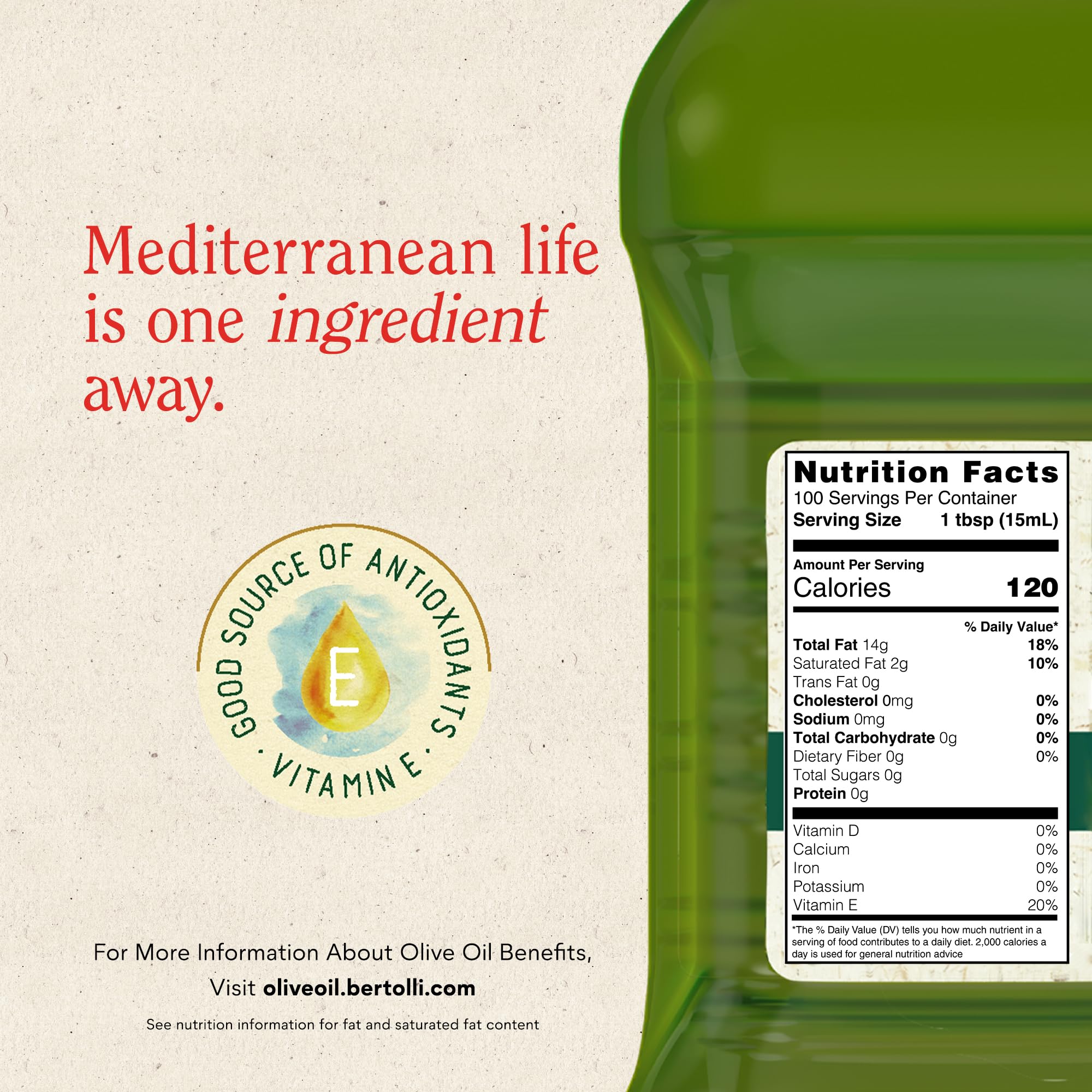 Bertolli Mediterranean heritage olive oil bottle on counter
