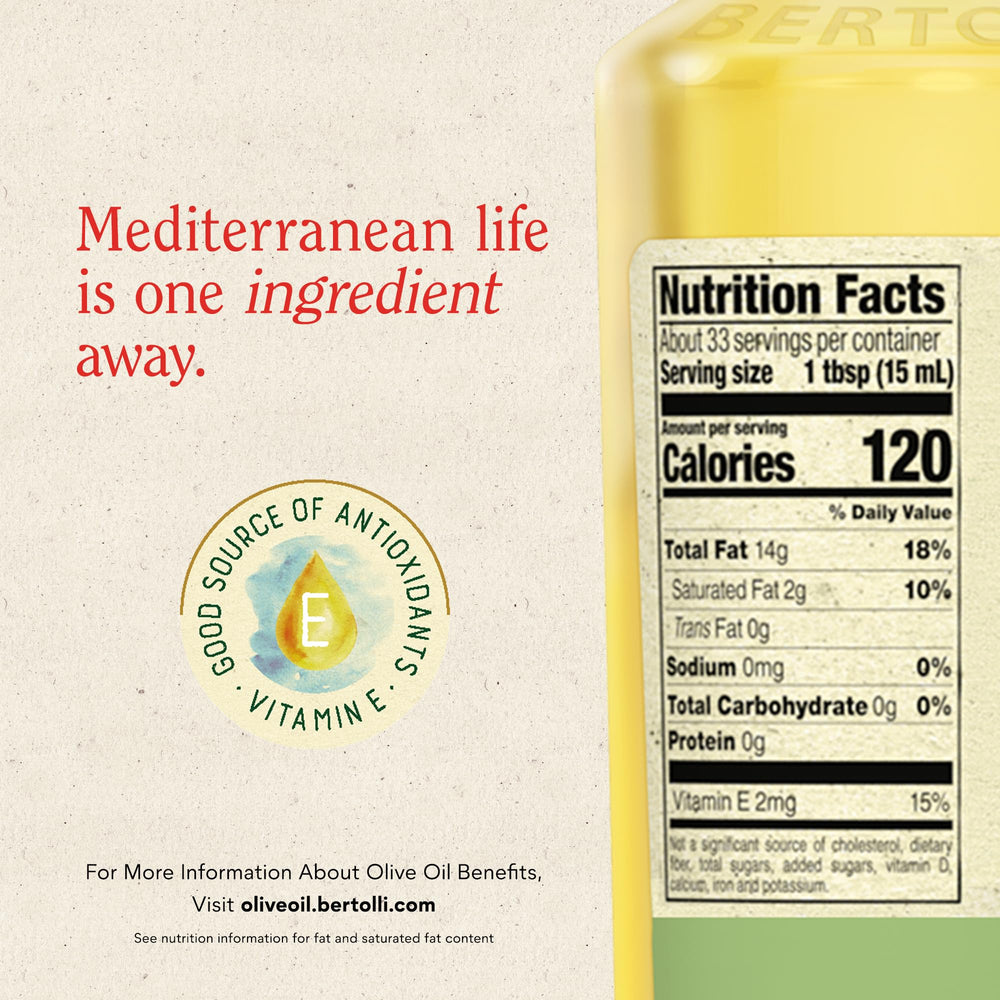 Bertolli Non-GMO certified olive oil label signals purity.
