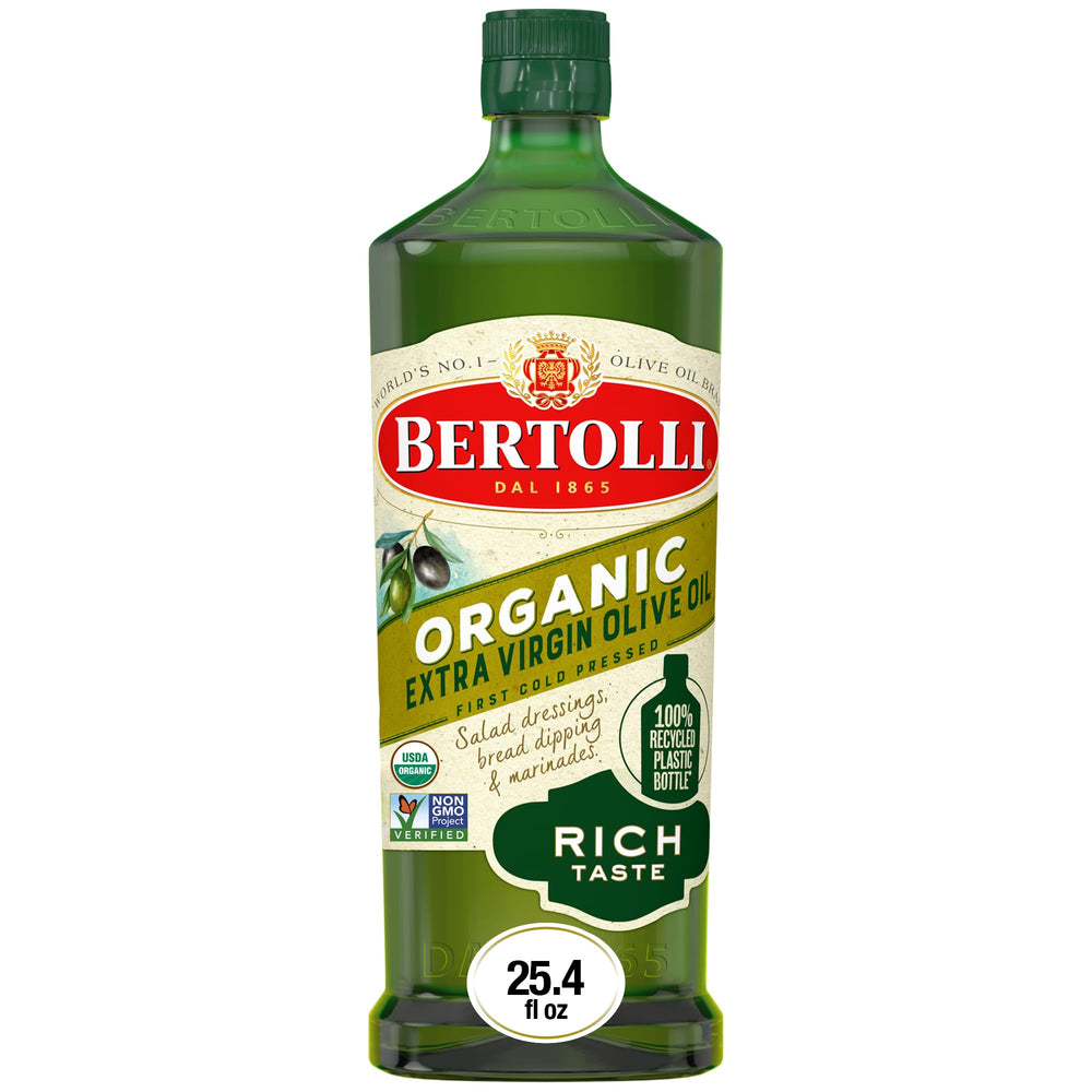 Bertolli Organic EVOO bottle with rich taste, ideal for dressings and marinades