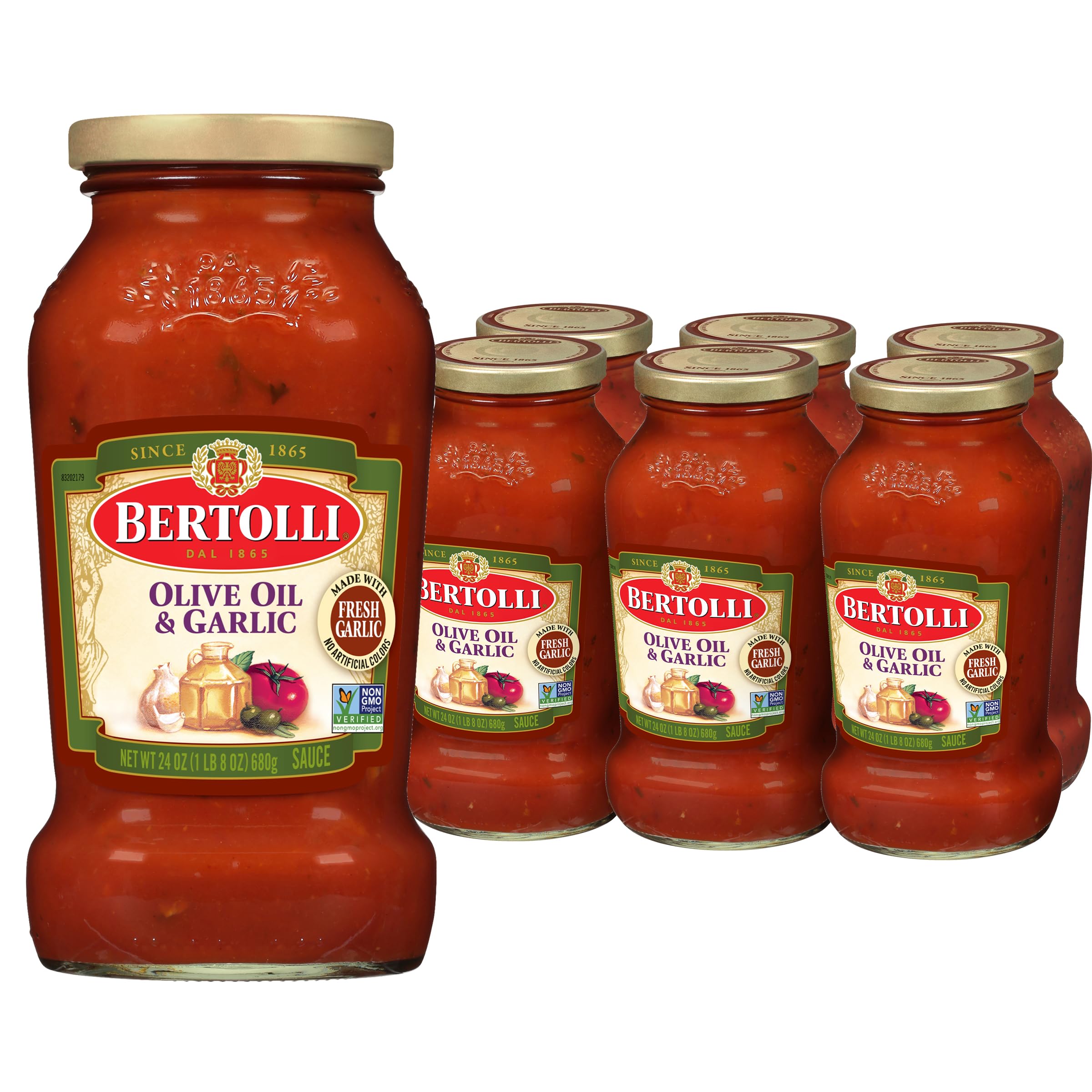Bertolli pasta sauce with olive oil and garlic in a six-pack jar for quick weeknight dinners