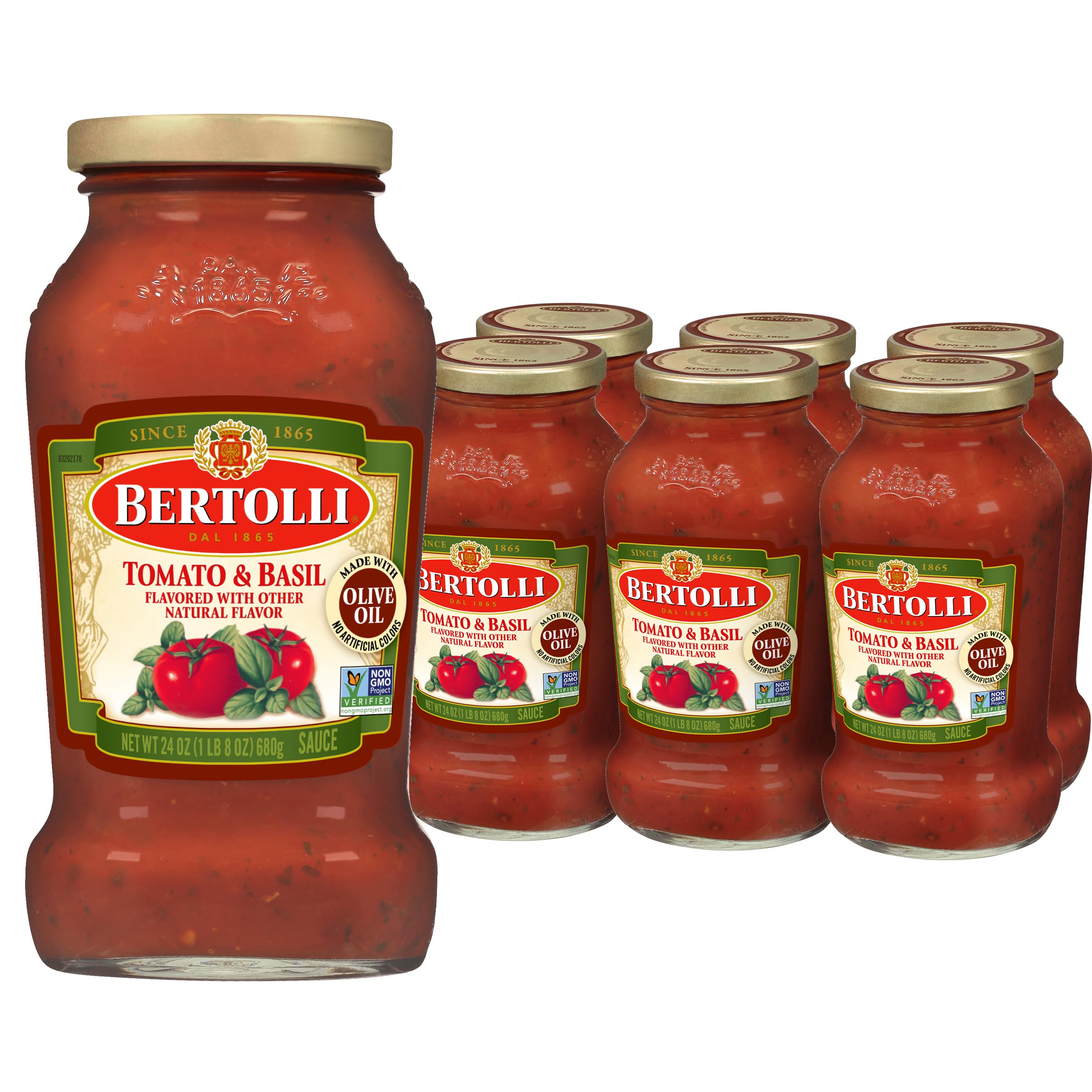 Bertolli tomato basil pasta sauce jars in a six-pack, ready for quick dinners