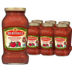 Bertolli tomato basil pasta sauce jars in a six-pack, ready for quick dinners