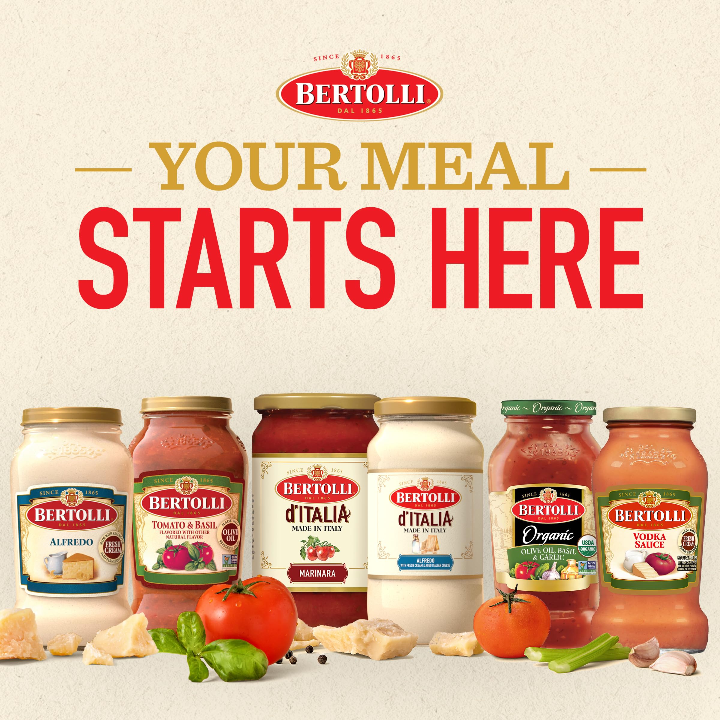 Six jars of Bertolli sauce ready for simple weeknight meals