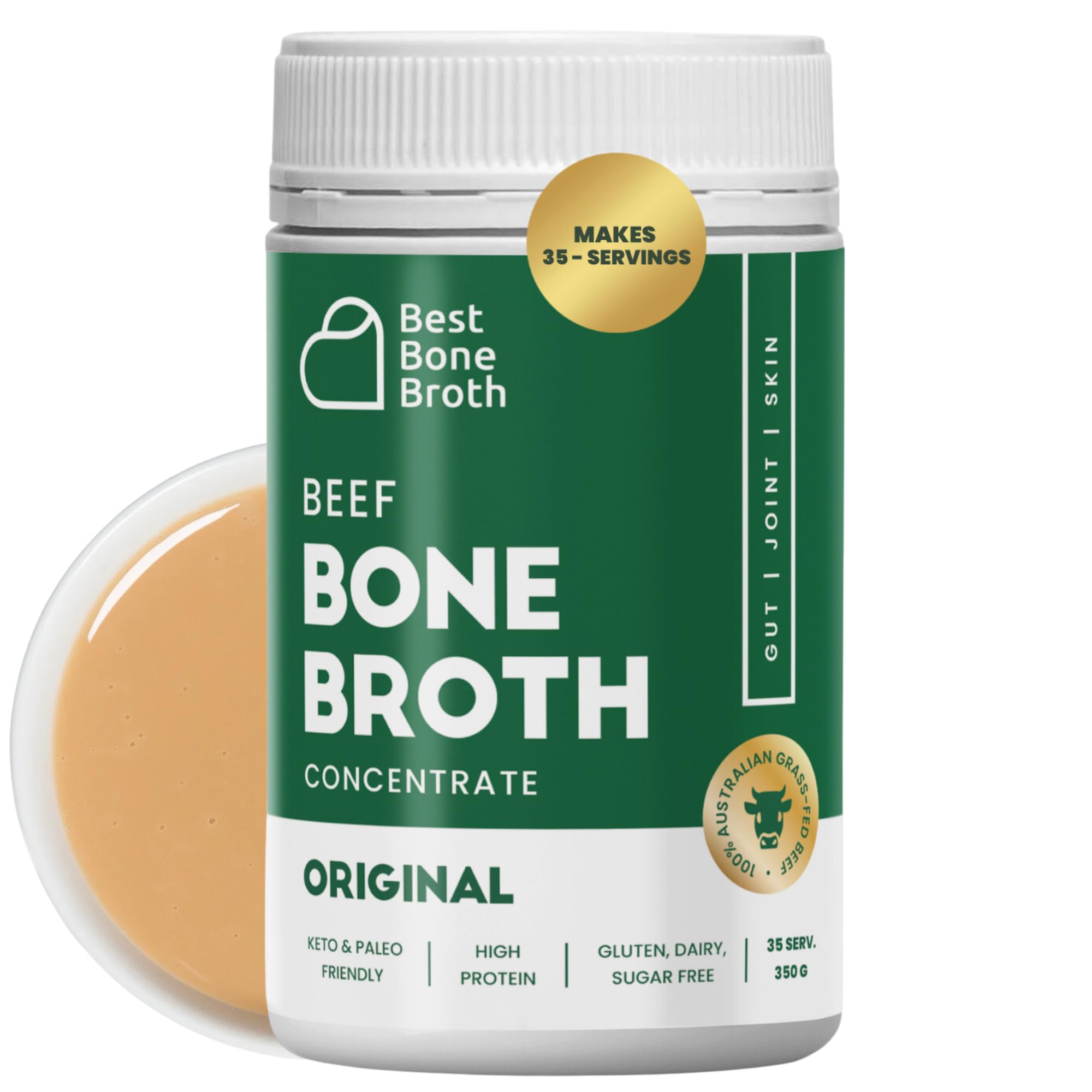 Best Bone Broth Beef Concentrate bottle highlights protein-rich stock for daily meals.