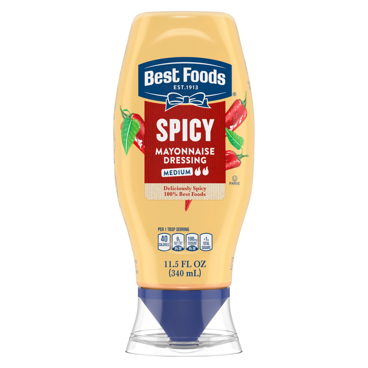 Best Foods Spicy Mayonnaise bottle pour adds creamy heat to sandwiches.
