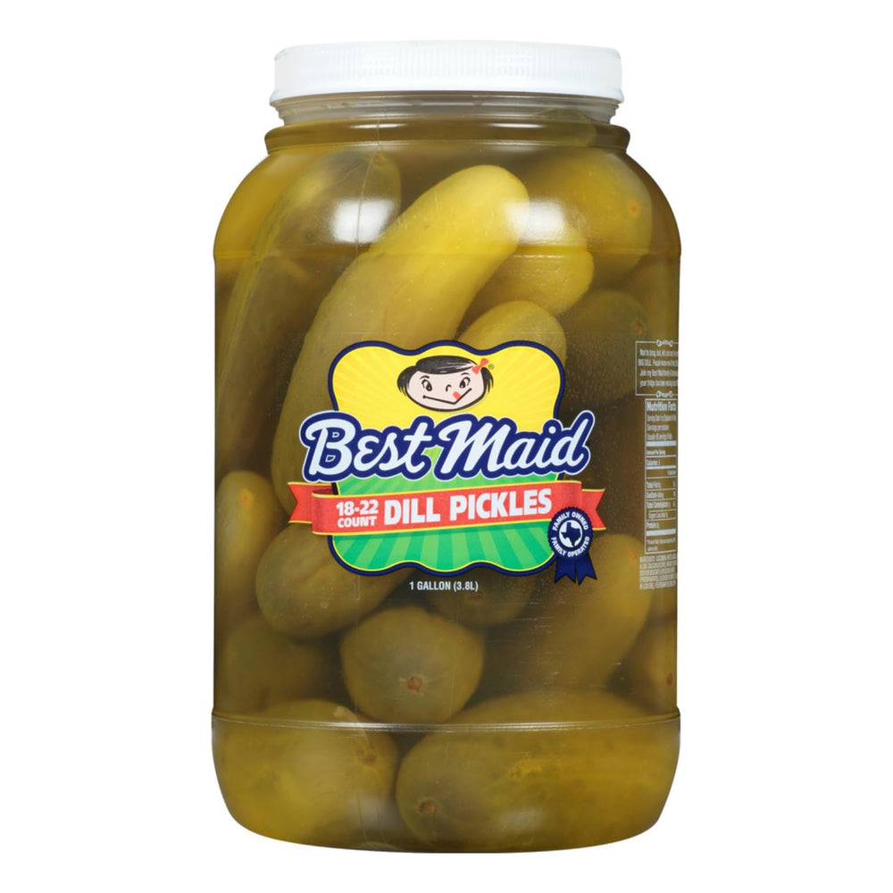 Best Maid 18–22 count dill pickles close-up, crisp and tangy.