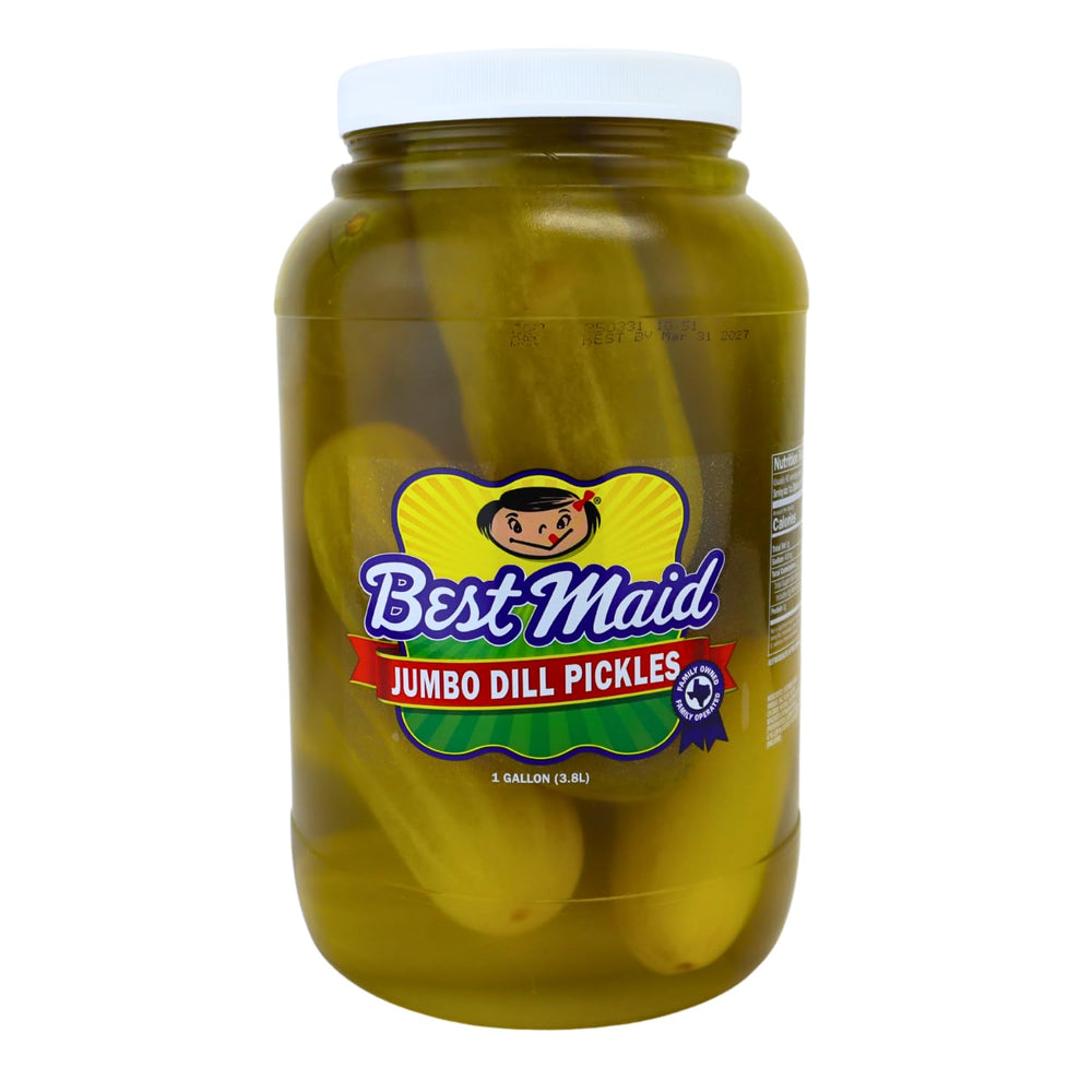 Best Maid Dill Pickles jar close-up, 128oz, showcasing bold crunchy flavor for snacking.