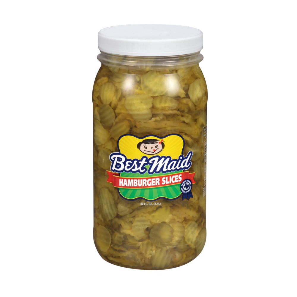 Best Maid Hamburger Slices 80oz jar close-up showing crisp dill slices for burgers.