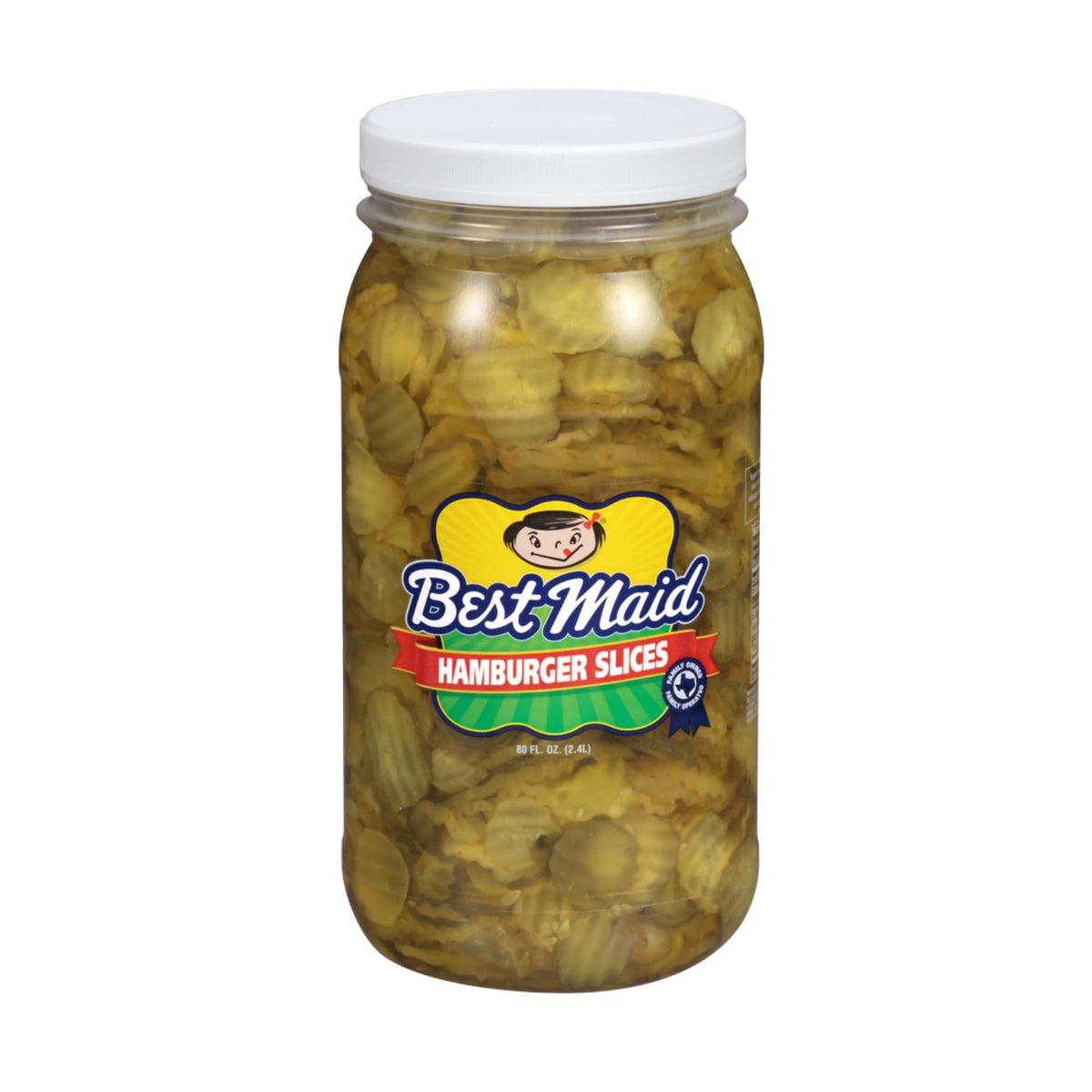 Best Maid Hamburger Slices 80oz jar close-up showing crisp dill slices for burgers.
