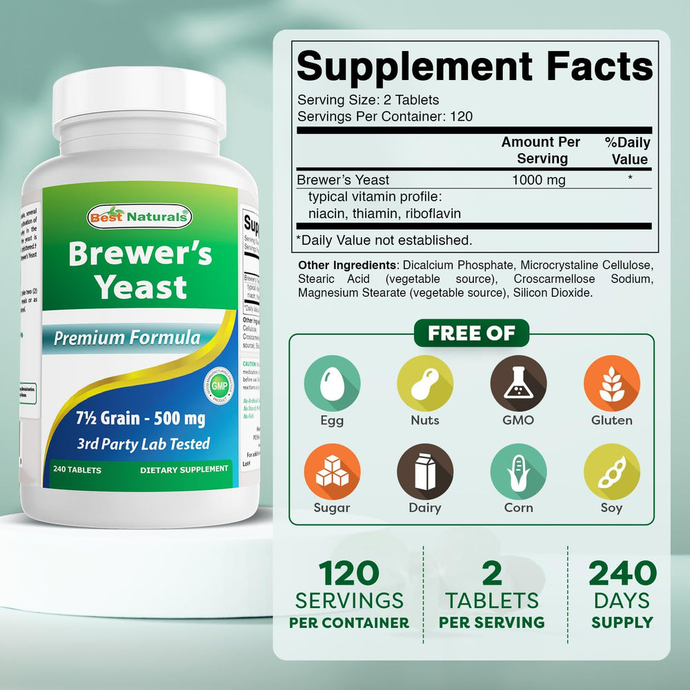 Best Naturals Brewers Yeast label closeup shows B1 and B2 enrichment