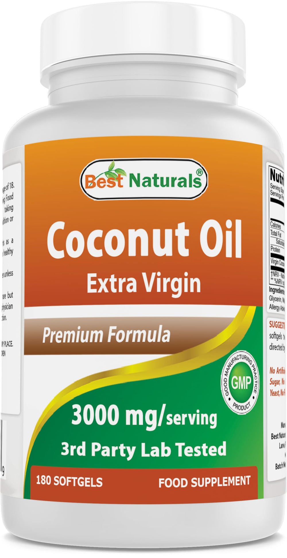Best Naturals coconut oil softgel bottle showing 1000 mg per capsule for daily use