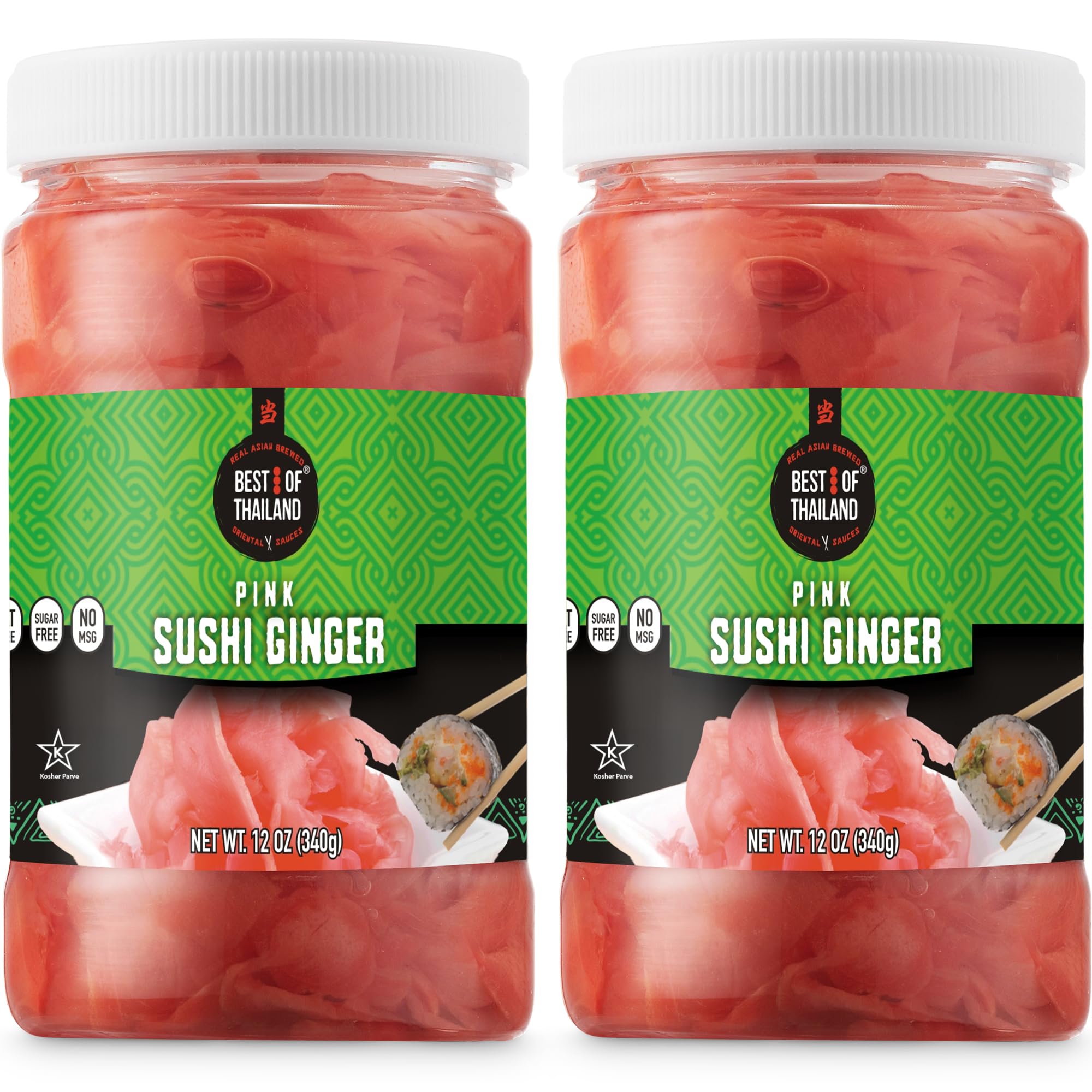 Best of Thailand Japanese Pink pickled ginger bottle shown, ideal with sushi palate cleansing.