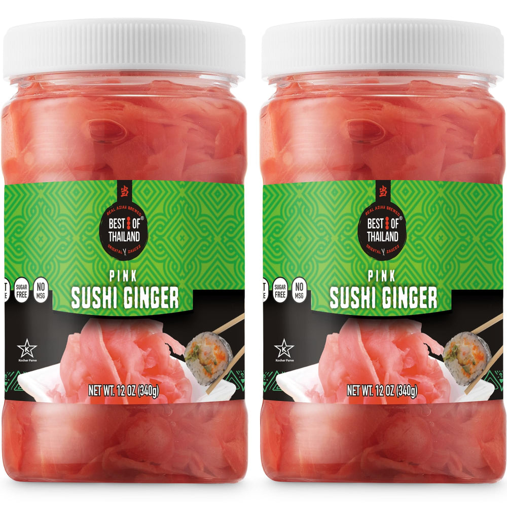 Best of Thailand Japanese Pink pickled ginger bottle shown, ideal with sushi palate cleansing.