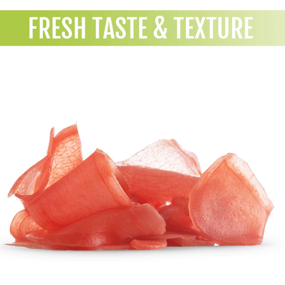 Pink pickled ginger slices in brine jar from Best of Thailand for easy serving.