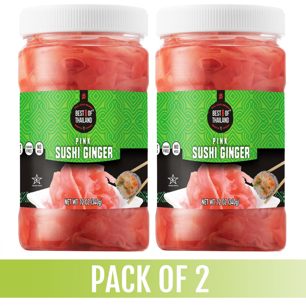 Two jars packaging display of Best of Thailand pickled ginger for pantry convenience.