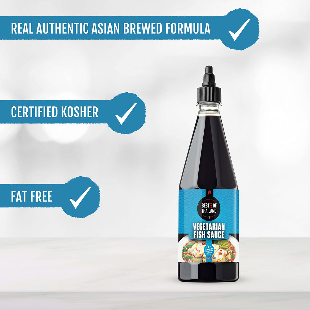 Best of Thailand vegetarian-fish-sauce-bottle-amber elevates sauces with balanced savory notes.