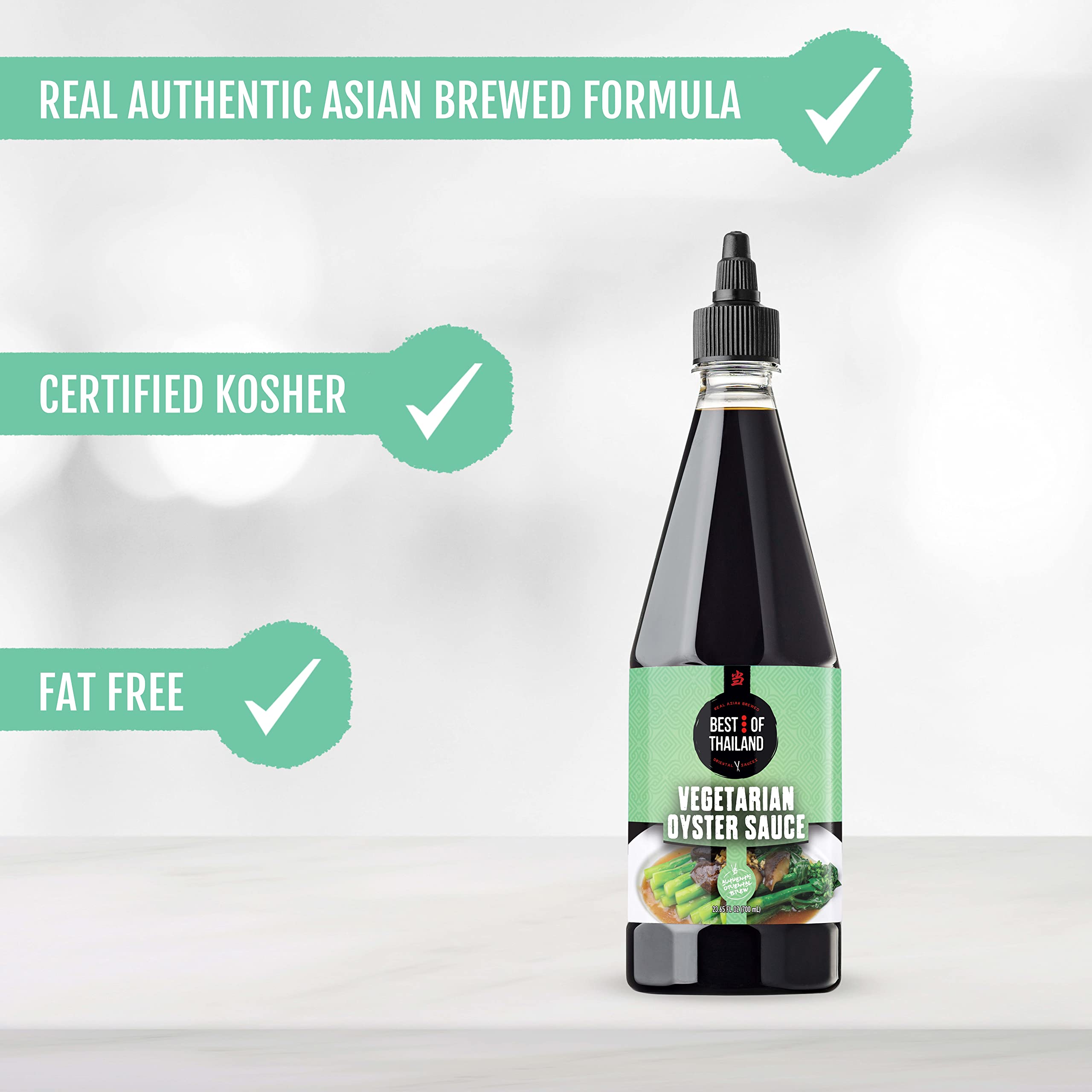 Kosher-certified label on Best Of Thailand vegetarian oyster sauce reassures quality.