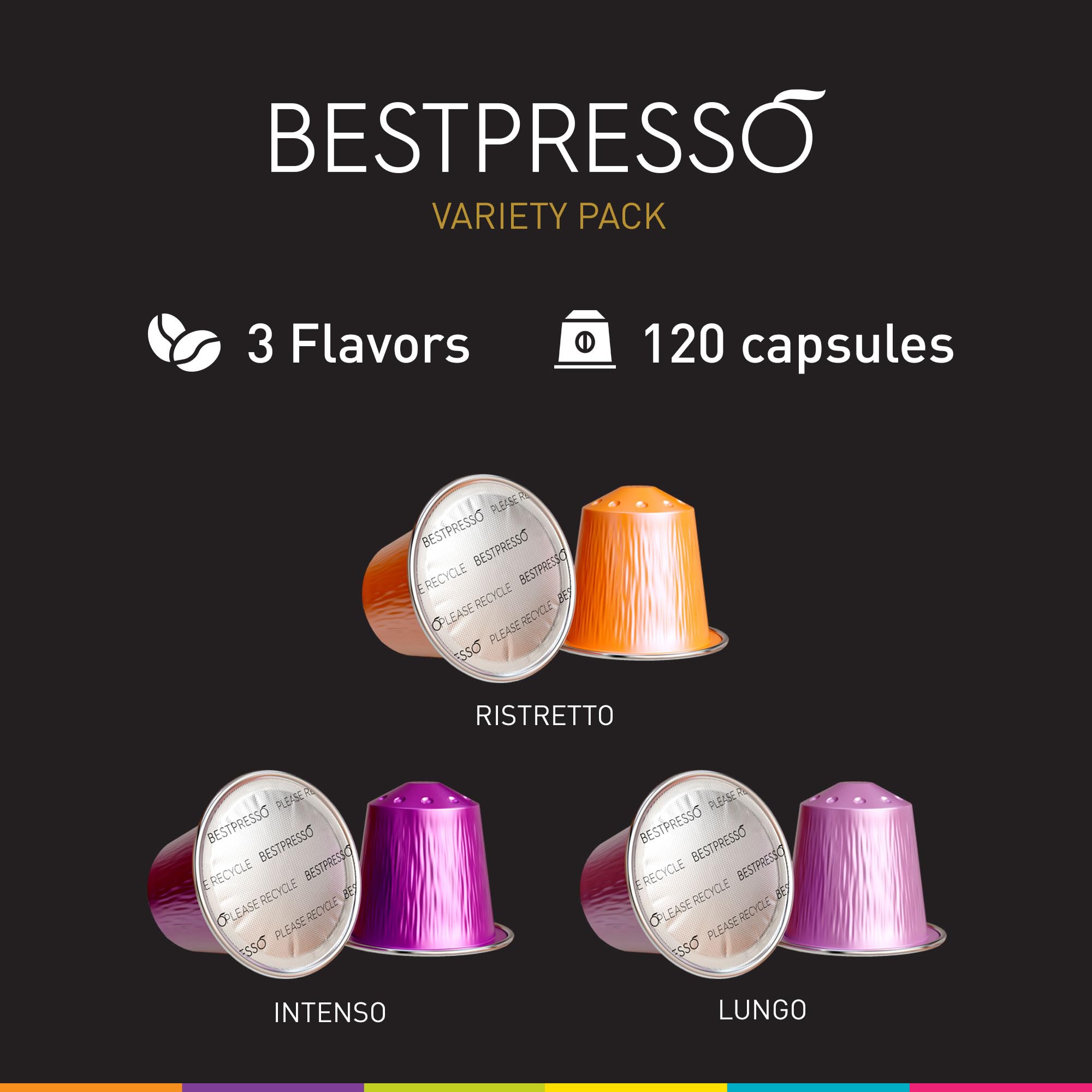 Bestpresso aluminum pods keep freshness in a 120-count pack for convenient brewing.