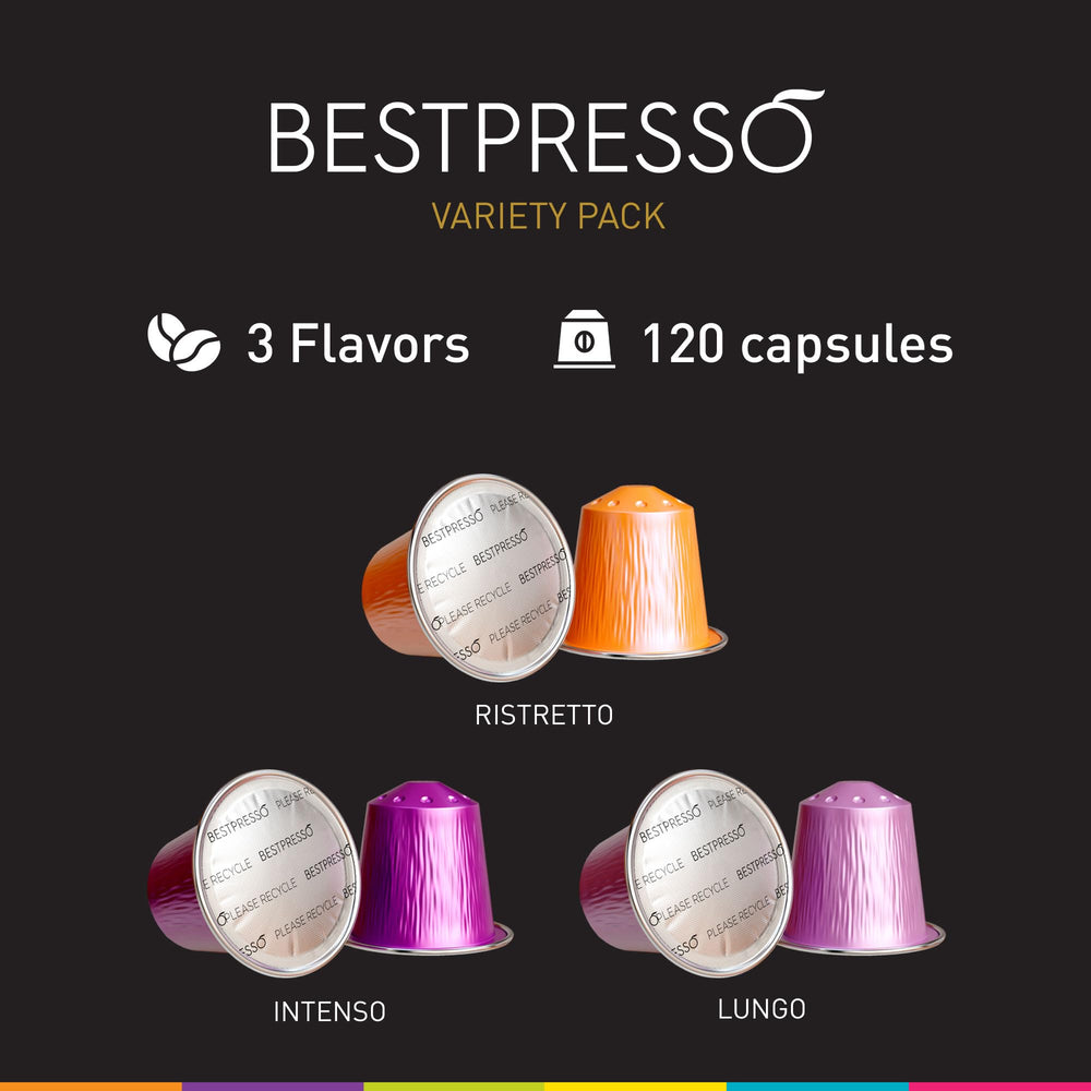 Bestpresso aluminum pods keep freshness in a 120-count pack for convenient brewing.