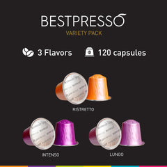 Bestpresso aluminum pods keep freshness in a 120-count pack for convenient brewing.