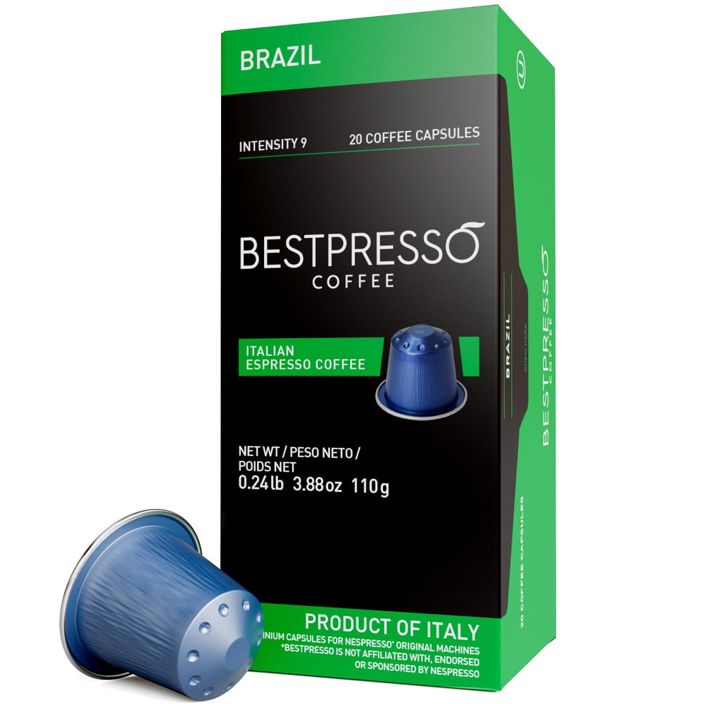Bestpresso Brazil blend pods pack for Nespresso Original machines, ideal for home brewing.