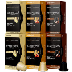 Bestpresso caramel-vanilla-chocolate variety boxes show bold flavors for a quick cafe-style espresso