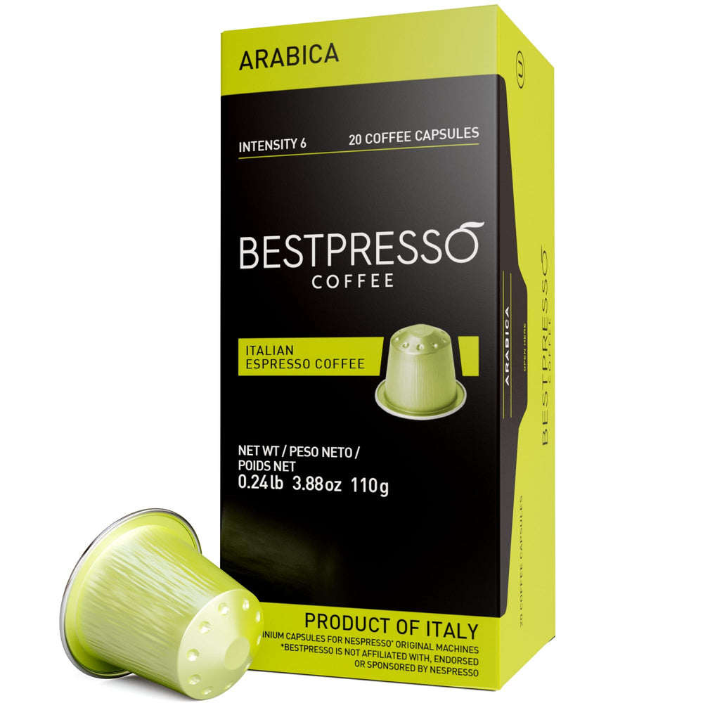 Bestpresso coffee pods for Nespresso Original packaging showcases premium aroma for quick, reliable mornings.