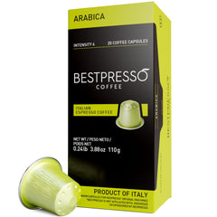 Bestpresso coffee pods for Nespresso Original packaging showcases premium aroma for quick, reliable mornings.