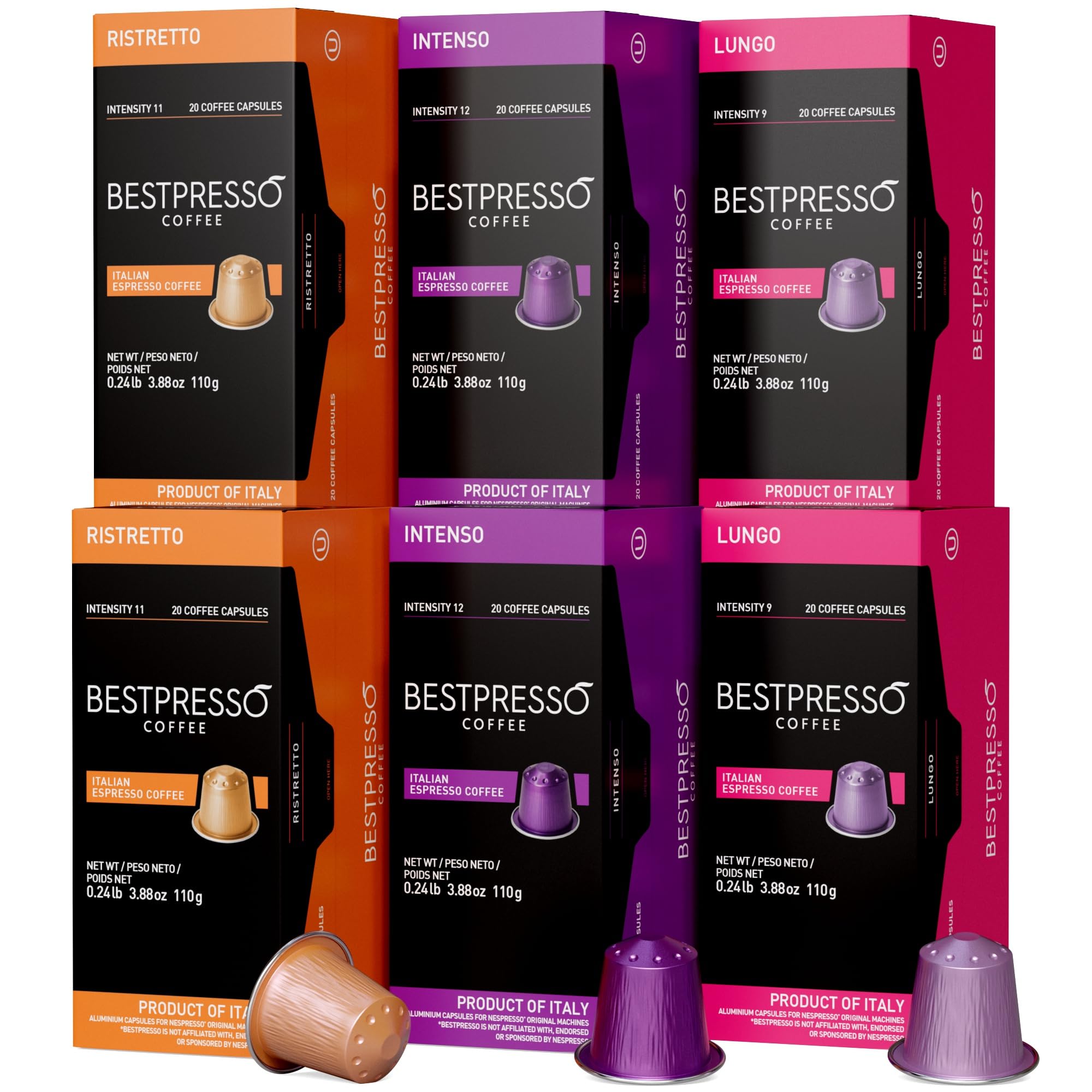 Bestpresso Intense Variety Pack espresso capsules deliver bold flavor and crema.