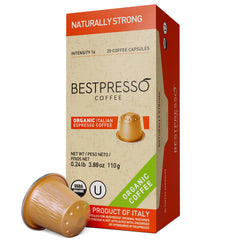 Bestpresso Organic Coffee Pods packaging highlights freshness and aroma.