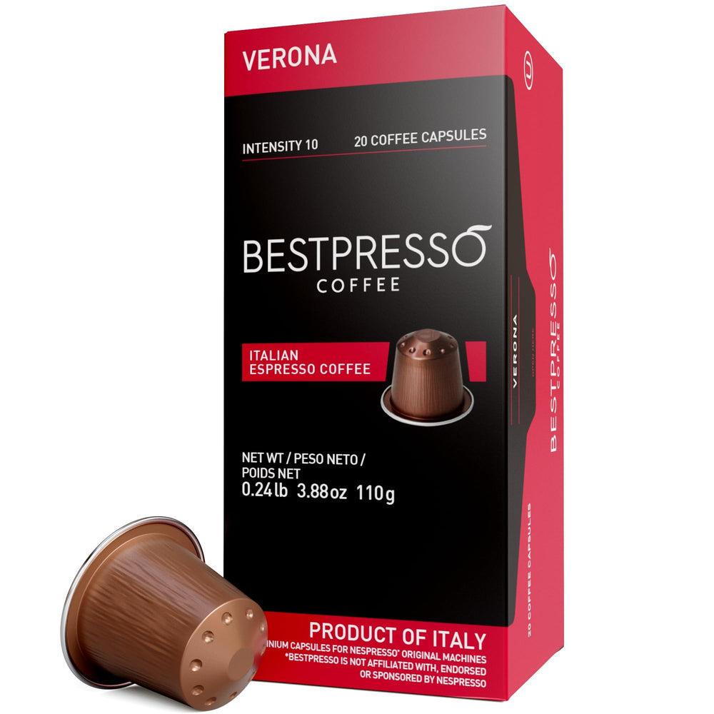 Bestpresso Verona Blend pods closeup, premium espresso flavor for rich morning routines.