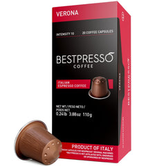 Bestpresso Verona Blend pods closeup, premium espresso flavor for rich morning routines.