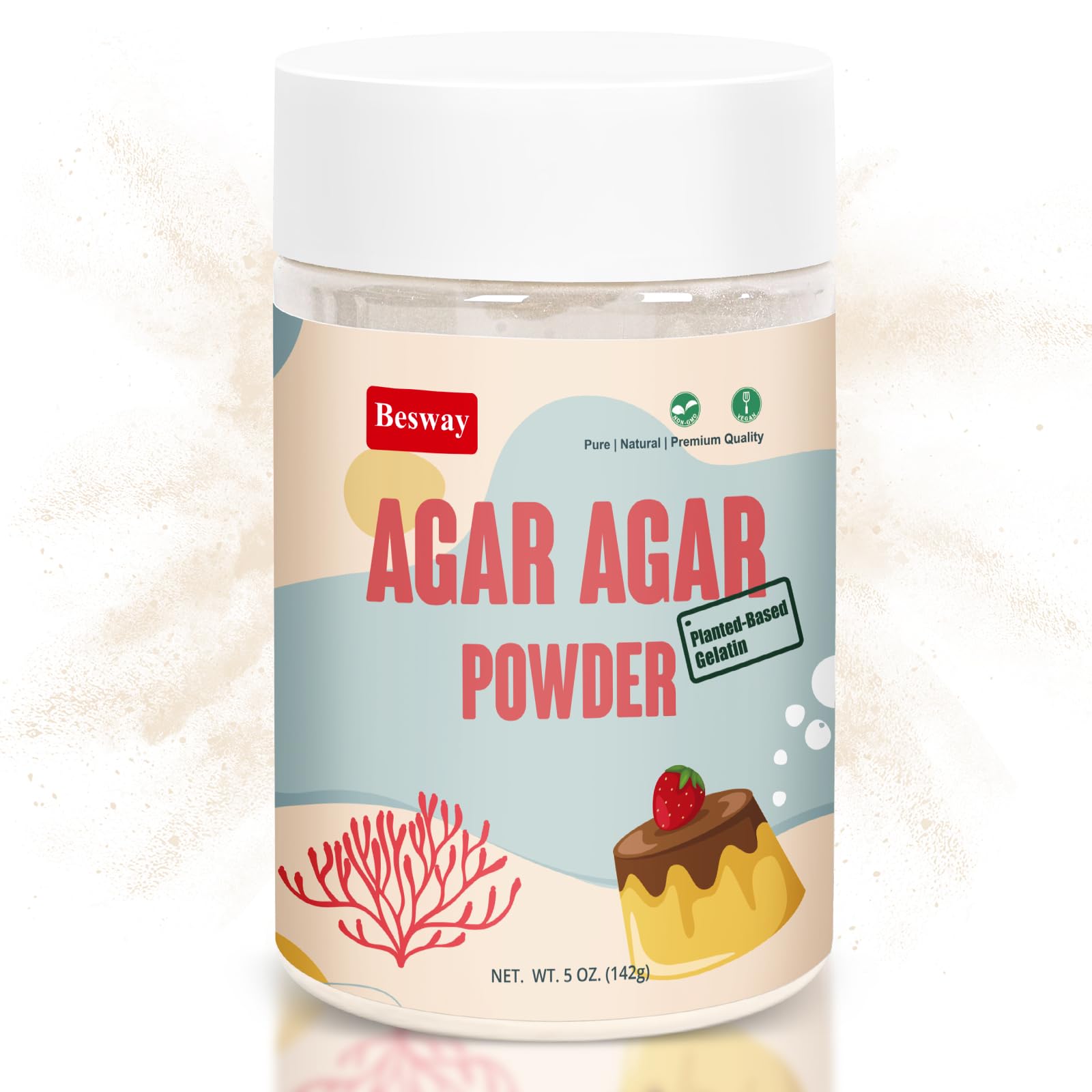 Besway agar-agar powder 5oz packaging shows a vegan, gluten-free gelatin alternative.