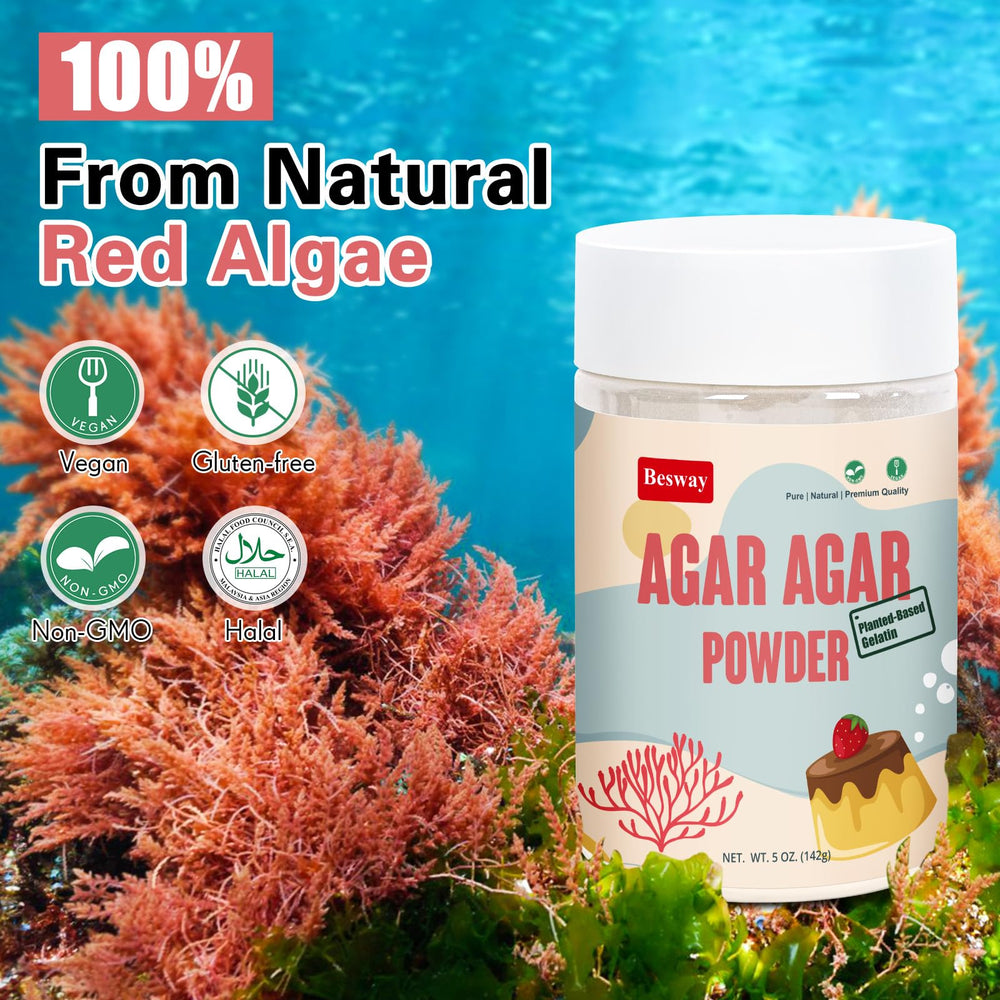 Besway agar-agar powder dissolving in liquid for quick, clean-setting results.