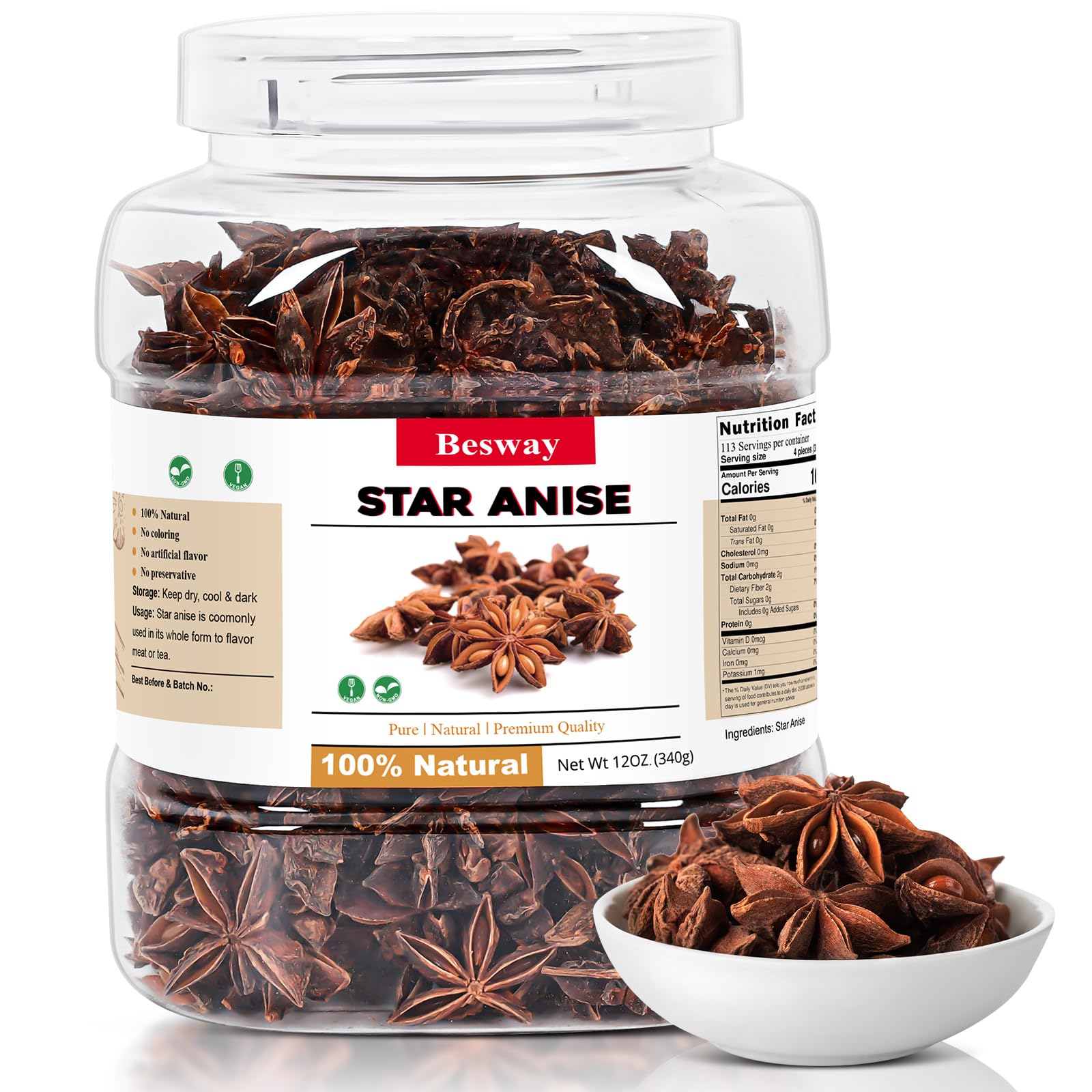 Besway Chinese Star Anise bottle emphasizing freshness and aroma for cooking.