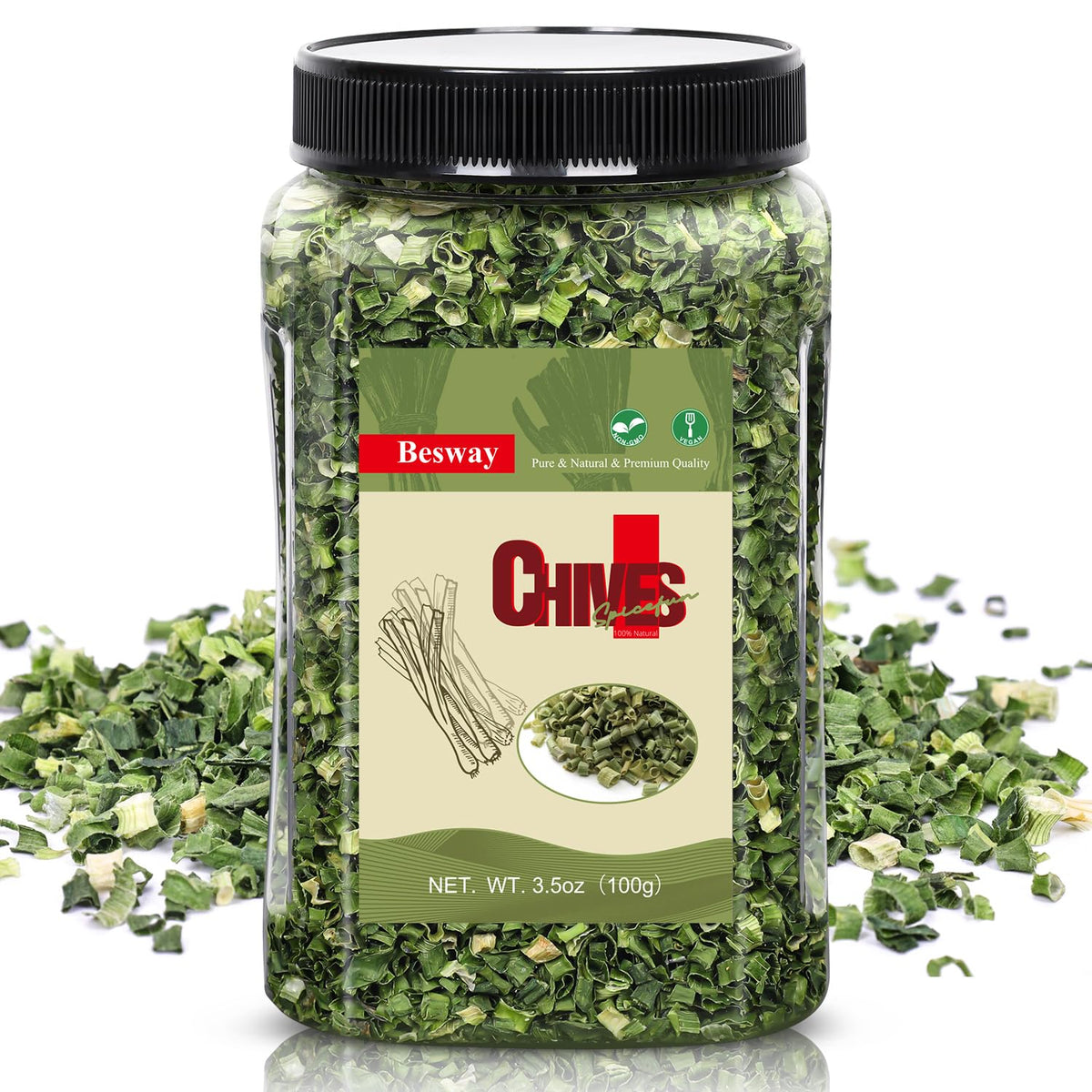 Besway Chives 3.5 oz bag with resealable seal for long-lasting flavor.