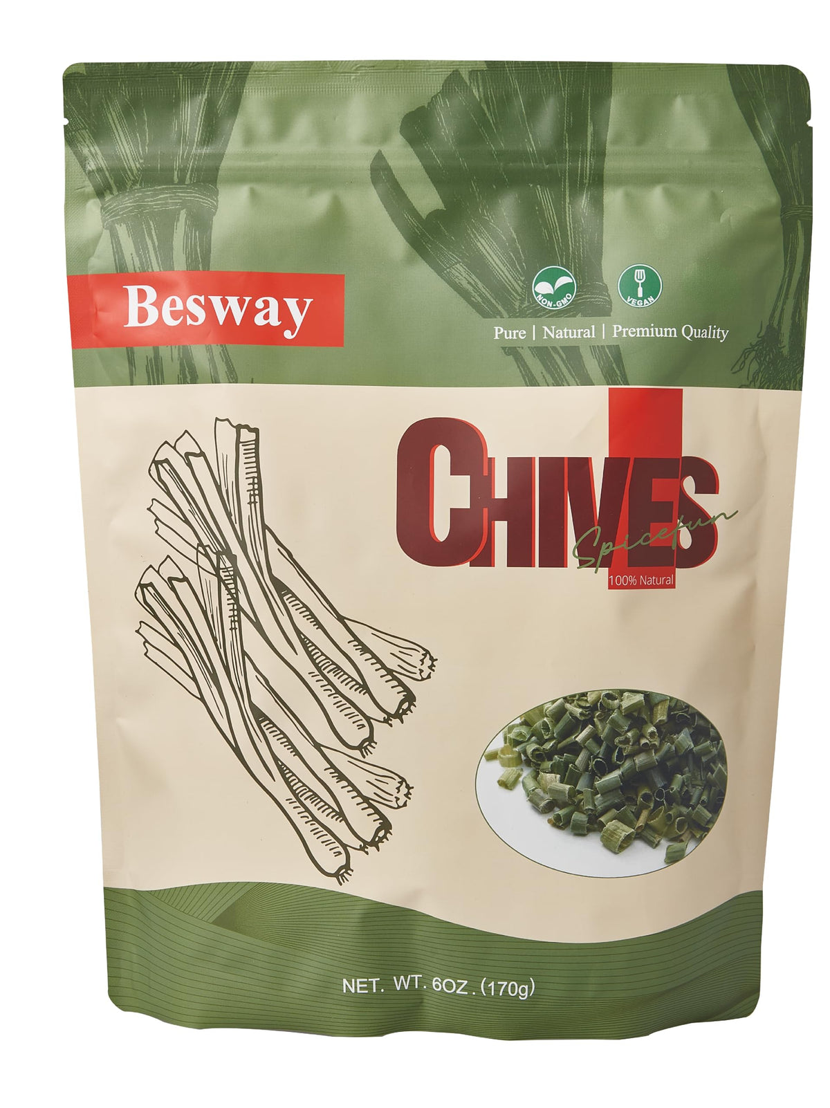 Besway Chives 6 oz packaging showcases freshness and easy storage.