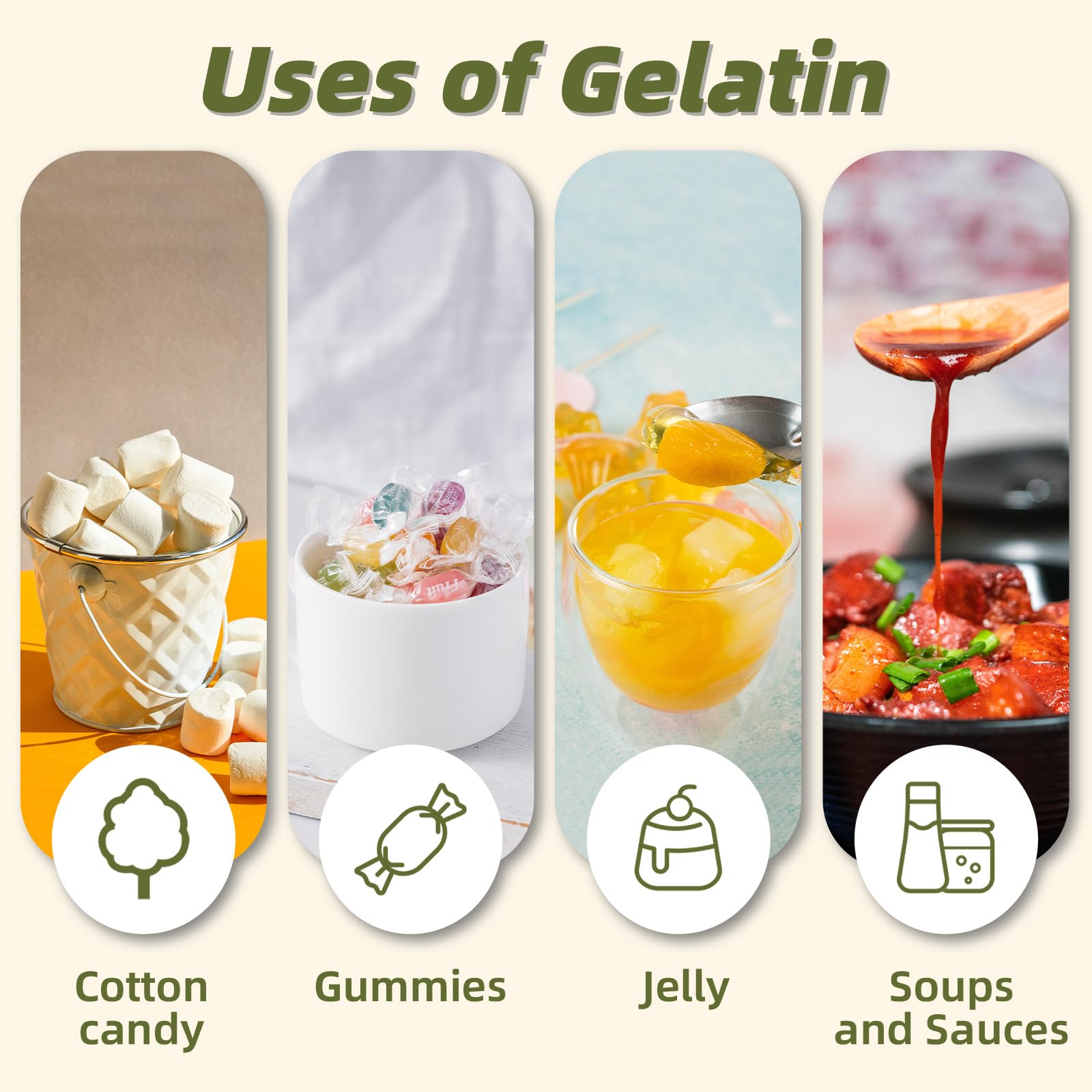 Besway Pure Beef Gelatin Powder in dessert setup suggests jelly and gummies.