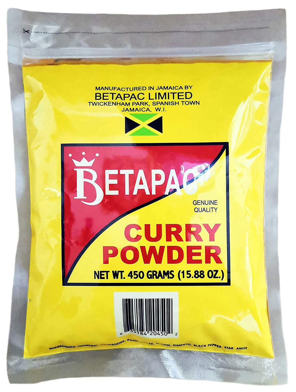 Betapac Jamaican curry powder ready to season meats and seafood.