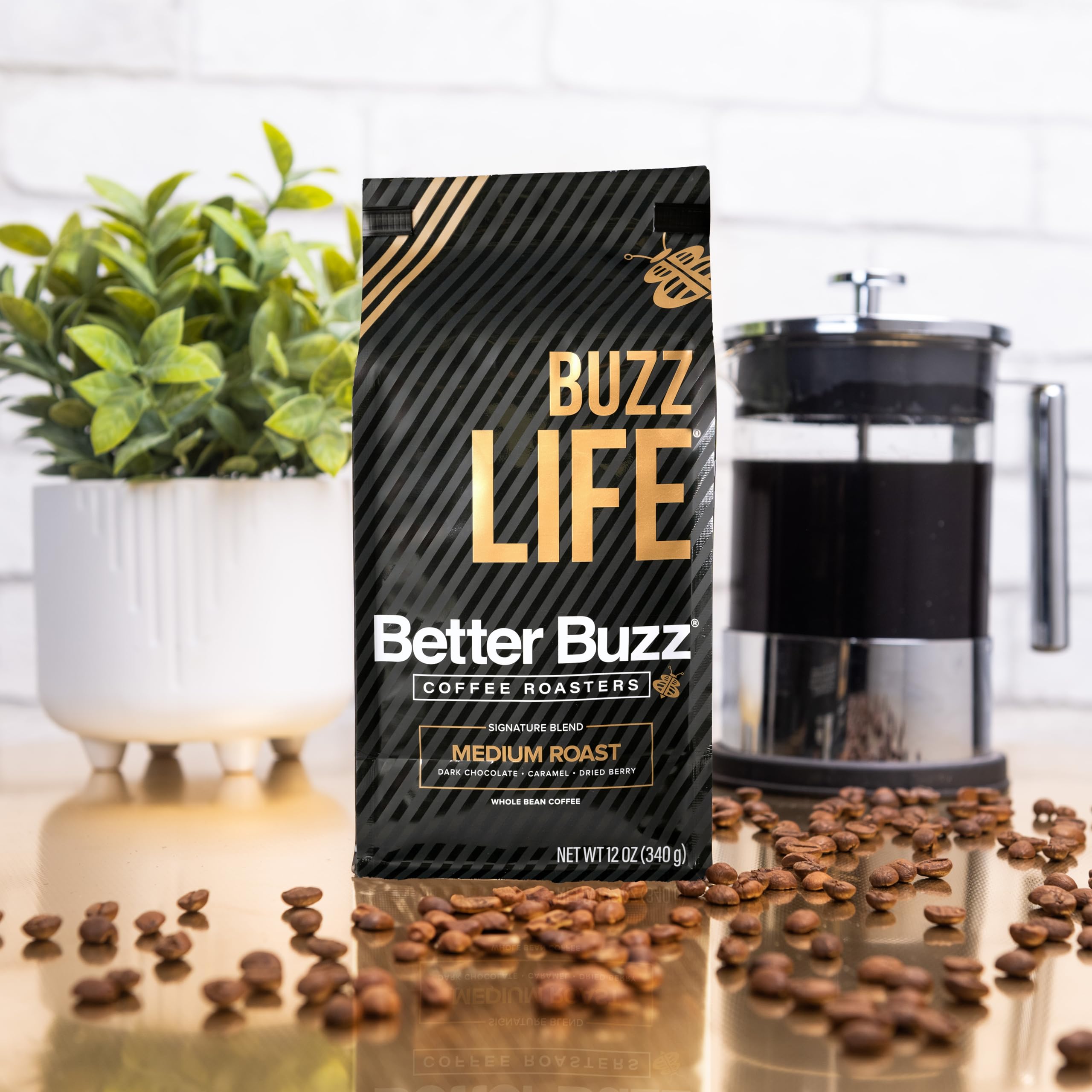 Better Buzz Life whole bean close-up showing hand roasted freshness